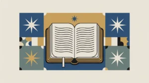 Illustration of religious symbols and an open book with geometric accents