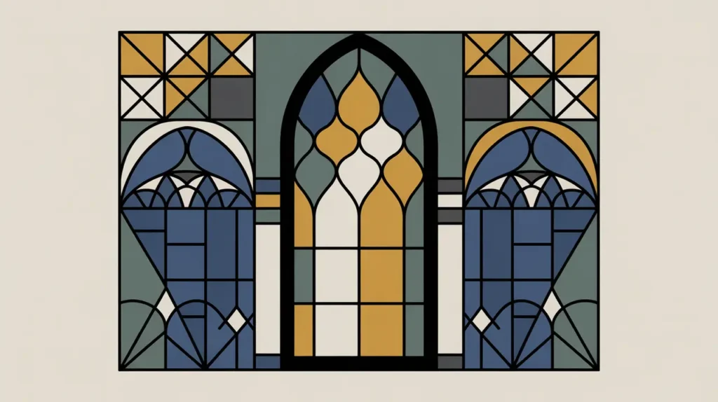 Collage of historic temple arch stained-glass window ancient manuscript