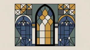 Collage of historic temple arch stained-glass window ancient manuscript