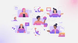 People connected through digital screens with collaboration icons