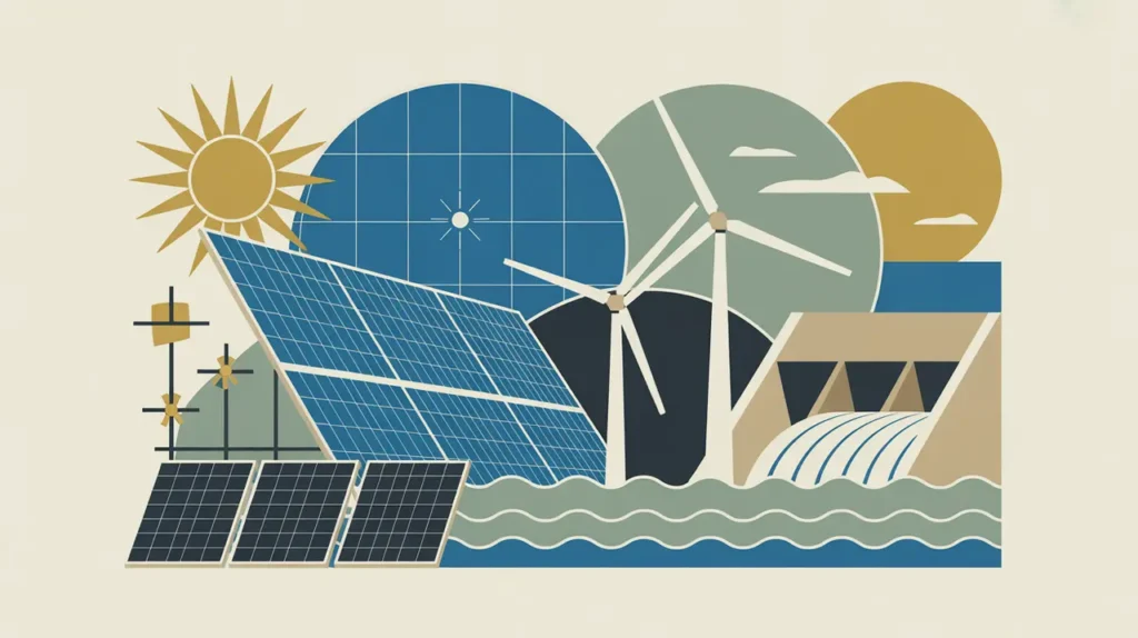 Illustration of solar panels wind turbine and hydroelectric dam with sun and wave icons