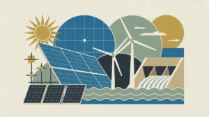 Illustration of solar panels wind turbine and hydroelectric dam with sun and wave icons