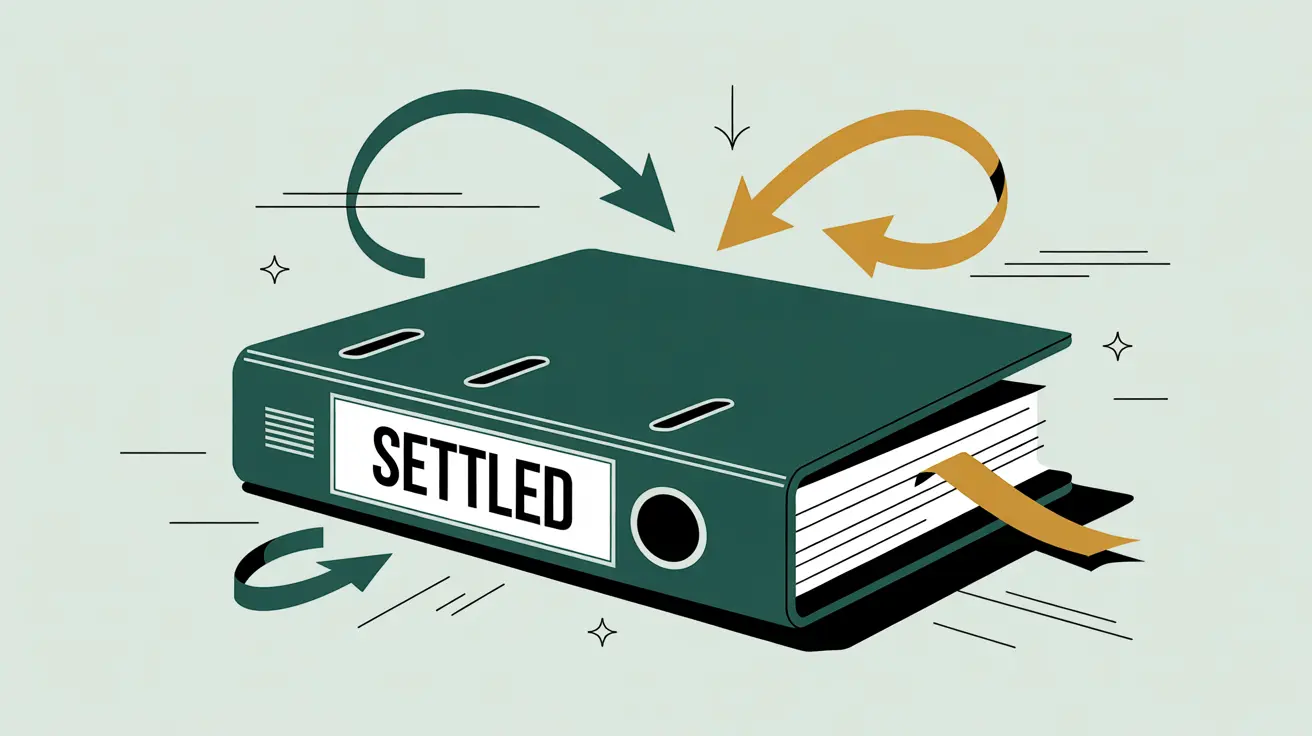 Closed loan binder stamped settled with arrows showing repayment