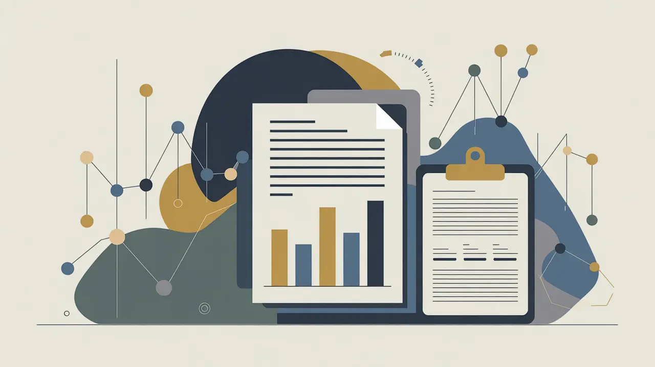 Illustration of magnifying glass, bar chart, and clipboard with data