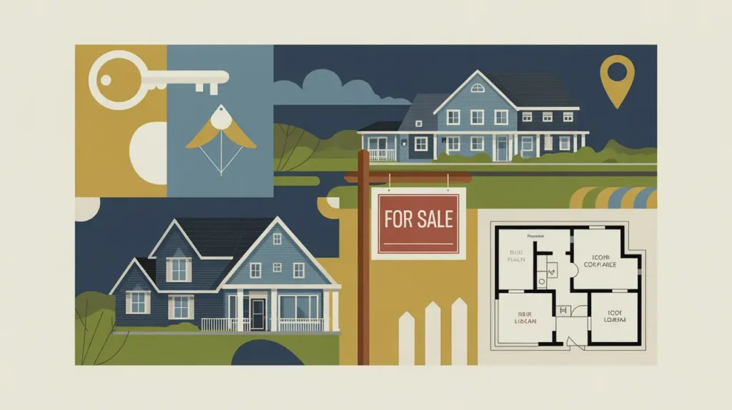 Collage of suburban homes with for sale sign and floor plan illustration