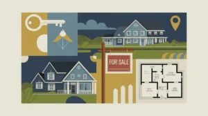 Collage of suburban homes with for sale sign and floor plan illustration