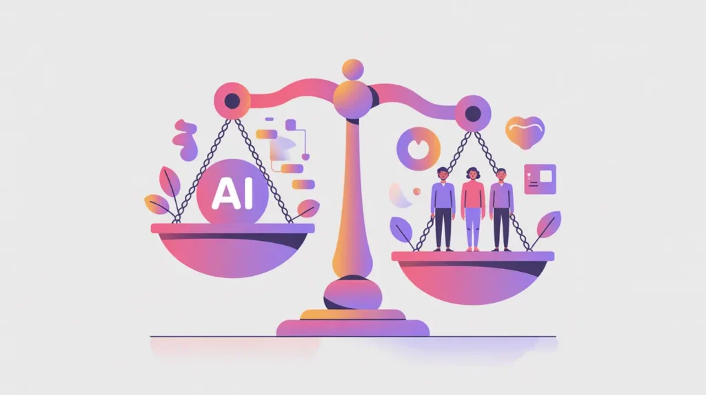 Balanced scale with AI icons and human values symbols