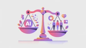 Balanced scale with AI icons and human values symbols