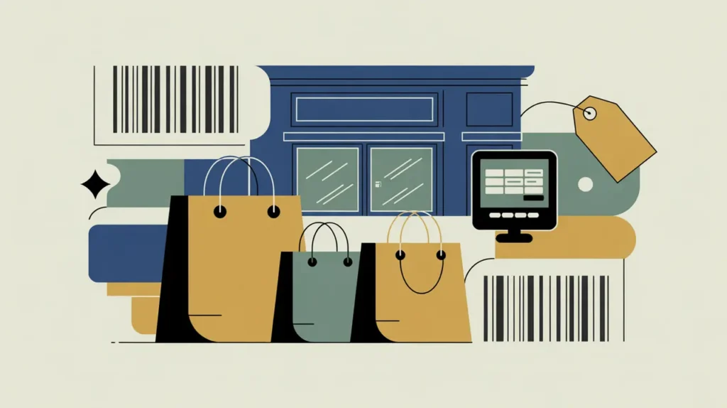 Illustration of storefront, shopping bags, and digital point-of-sale screen with barcode and tag icons