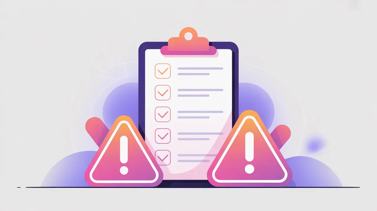 Clipboard checklist with AI icons and warning triangles in flat vector style