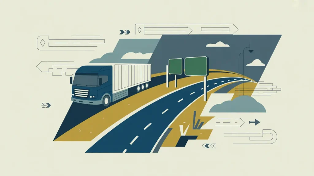 Illustration of highway with truck and road signage in modern vector style