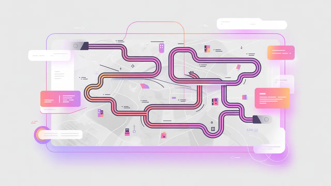 Map with highlighted optimized delivery routes in pink and neon purple