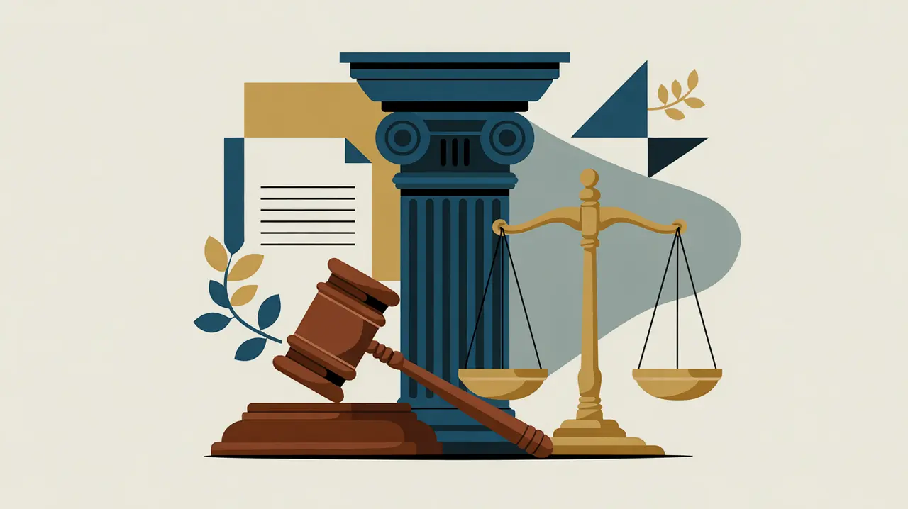 Courthouse pillar gavel balanced scales justice icons