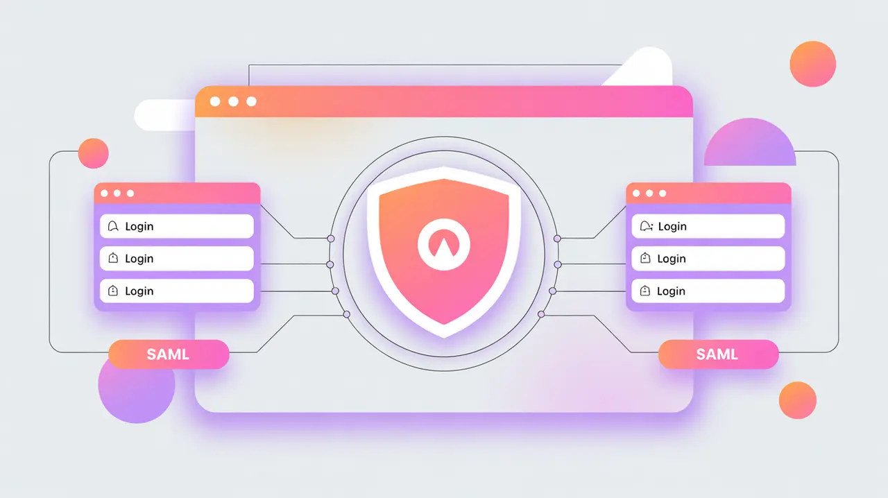 Login window connecting to multiple platforms with central shield symbolizing SAML single sign-on