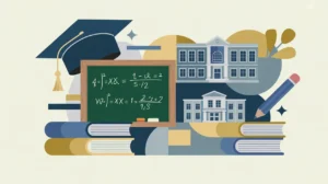 Illustration of chalkboard, textbooks, school building, graduation cap, and pencil icons