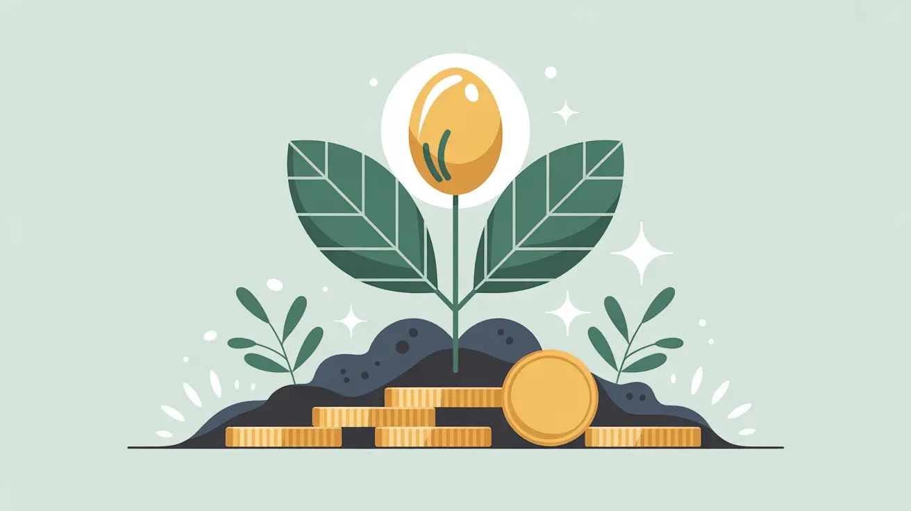 Glowing seed sprouting into young plant growing from coins