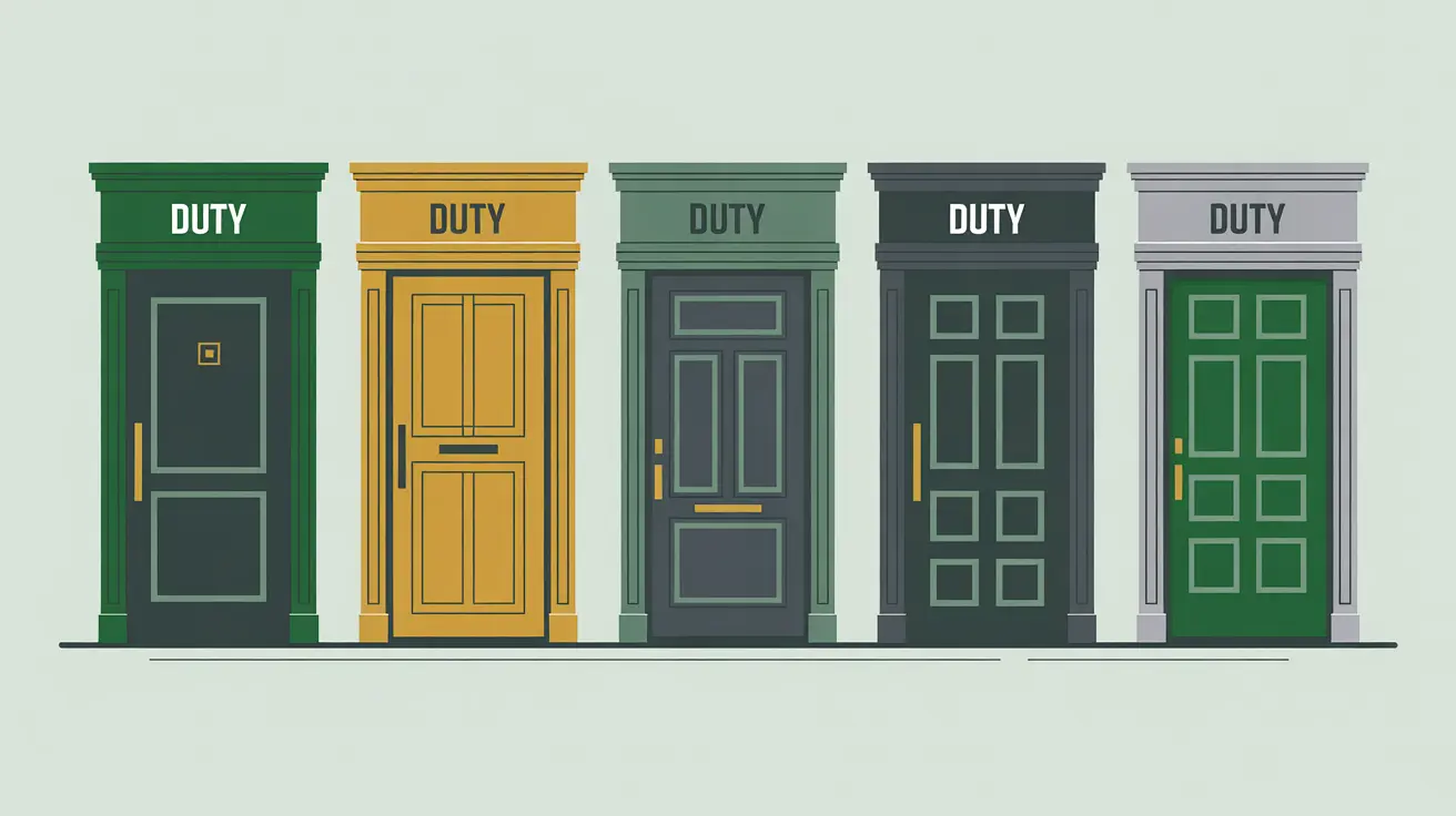 Illustration of five segregated doors labeled Duty in modern style
