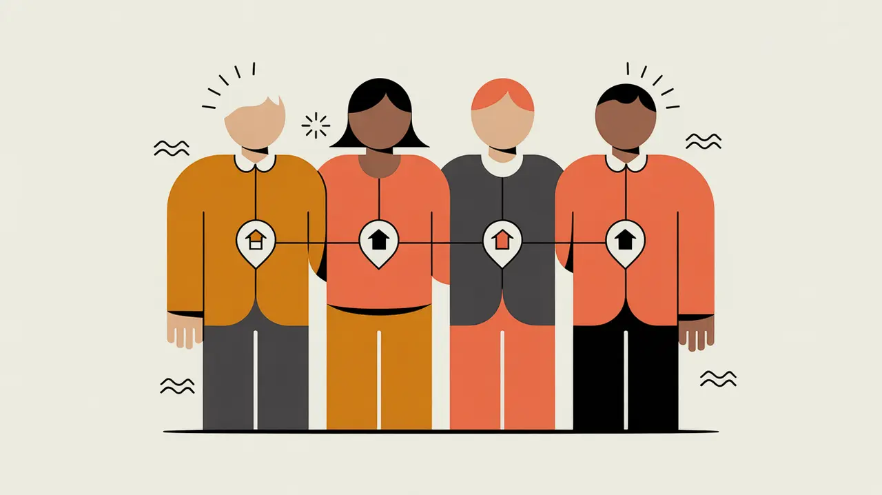 Diverse community members interacting in shared spaces