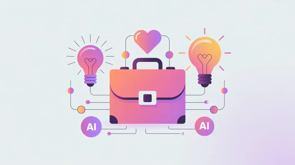 Social enterprise hub with AI innovation symbols and business heart icon