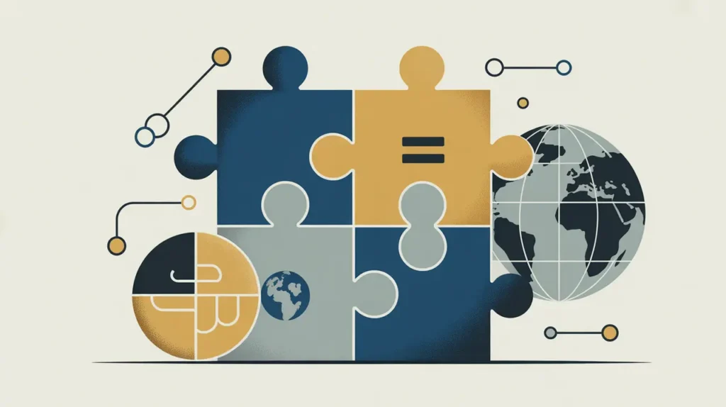 Collage of puzzle pieces globe and equality symbols in modern vector style