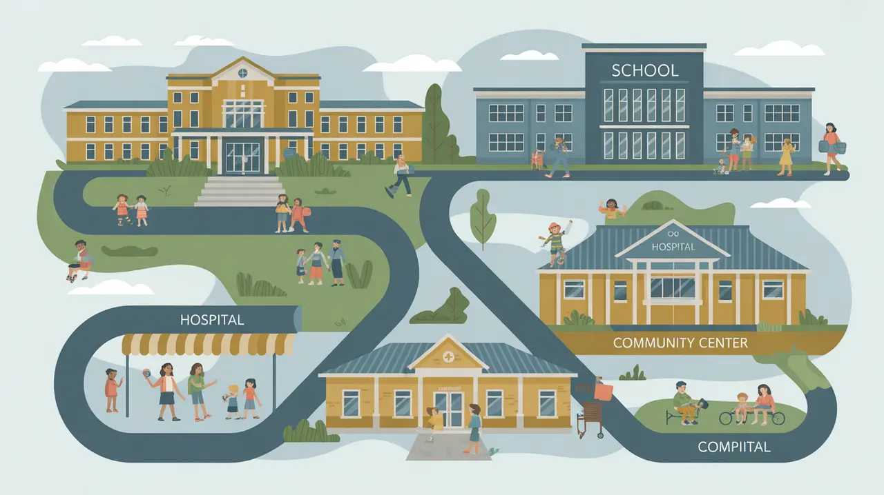 Illustration of school hospital and community center with families and children