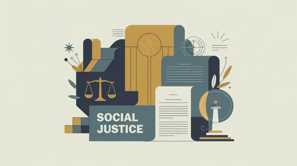 Balanced scales raised banner legal document equality justice icons
