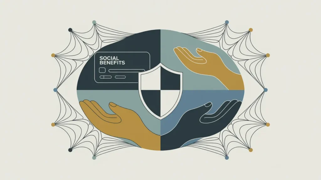 Shield icon social benefits card supportive hands safety net symbols