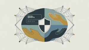 Shield icon social benefits card supportive hands safety net symbols