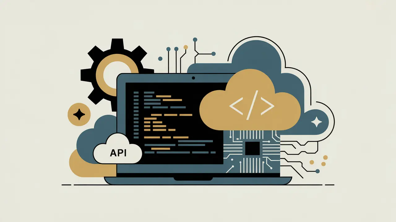 Laptop with code, cloud icons, circuit board, gears, and API symbols