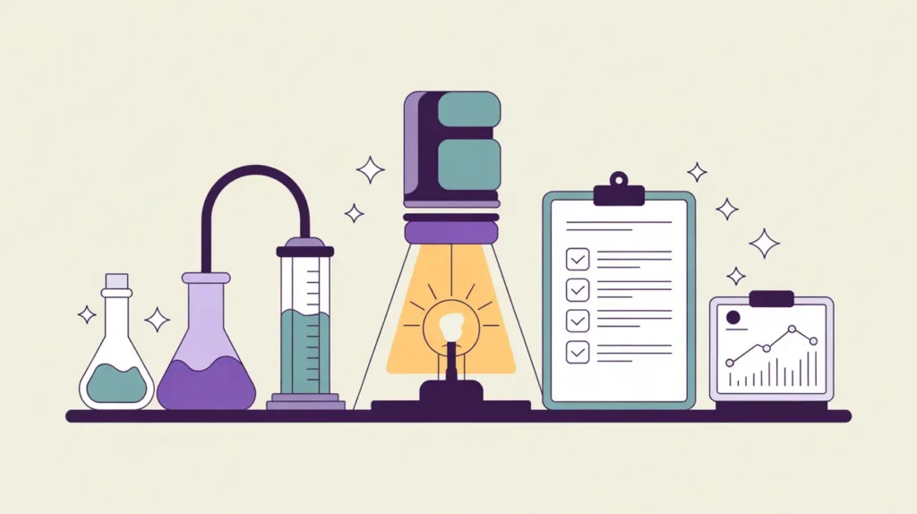 Illustration of testing stations with prototypes and performance metrics