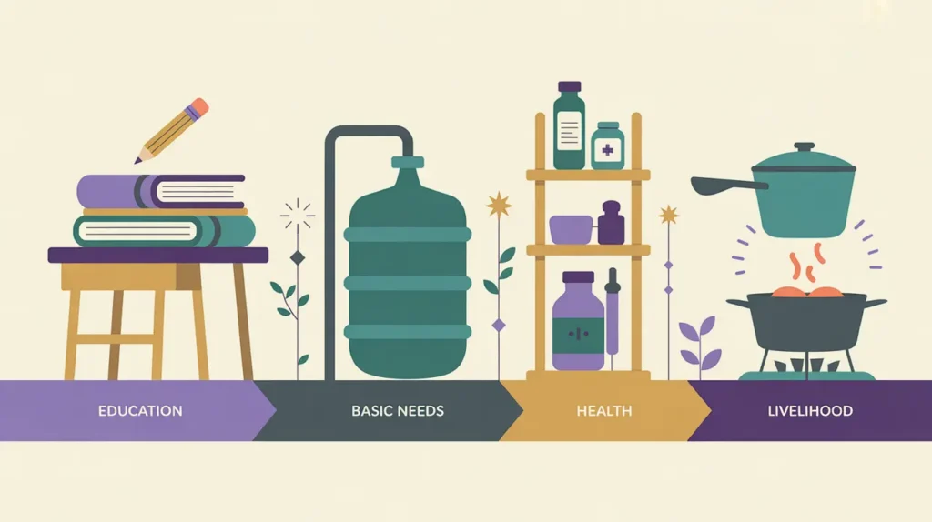 Illustration of a journey scene with education, basic needs, health, and livelihood stages linked along a pathway