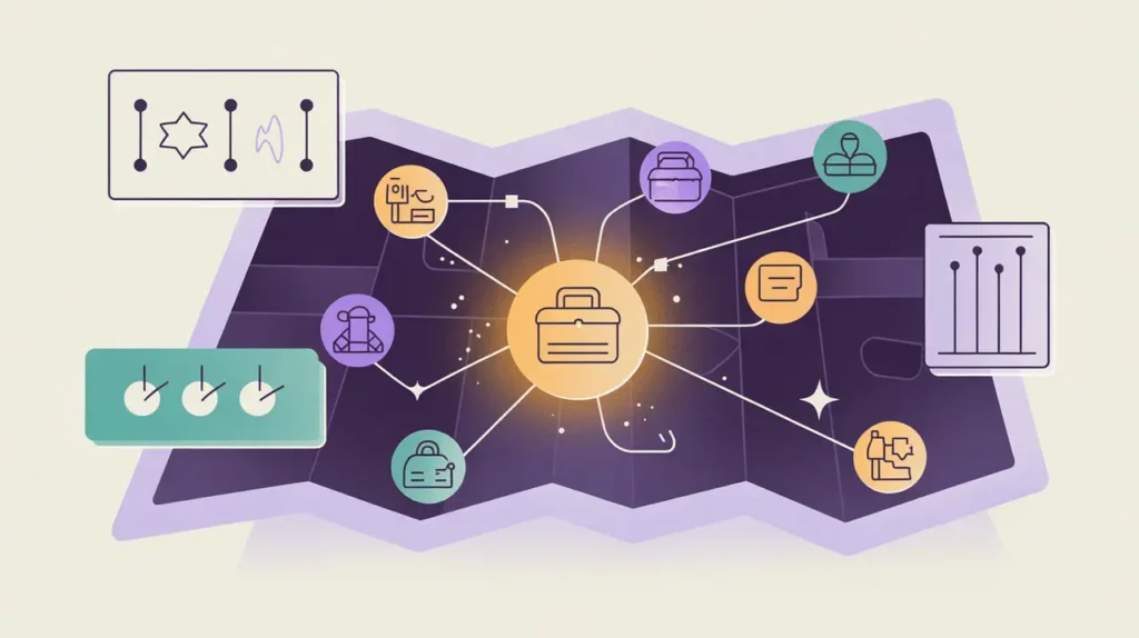 Illustration of a central solution icon branching into varied local adaptations on a map with adjustment dials