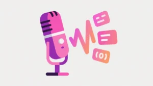 Microphone emitting sound waves transforming into digital text blocks