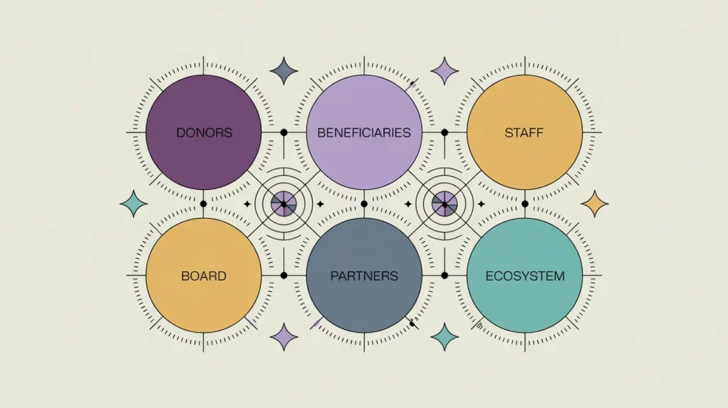 Illustration of interconnected stakeholder groups with glowing connections and collaboration highlights