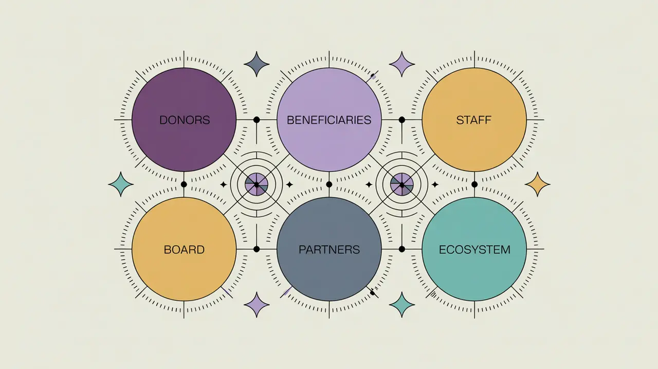 Illustration of interconnected stakeholder groups with glowing connections and collaboration highlights