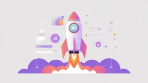 Rocket launching with AI symbols representing startups in AI for Good