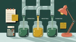 Illustration of cash flow pipes labeled Operating Investing Financing flowing into jars