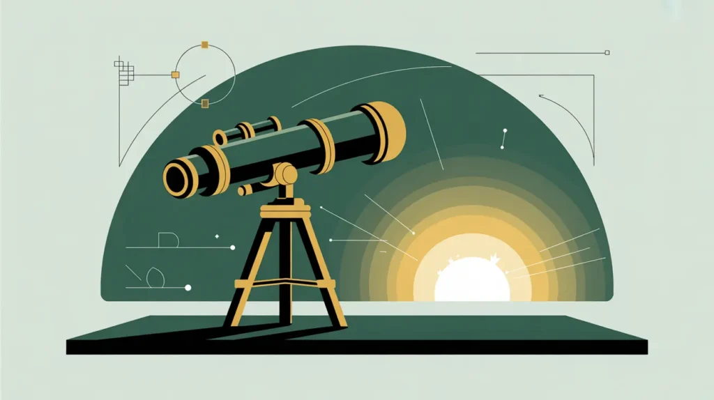 Glowing telescope pointing toward bright horizon on desk