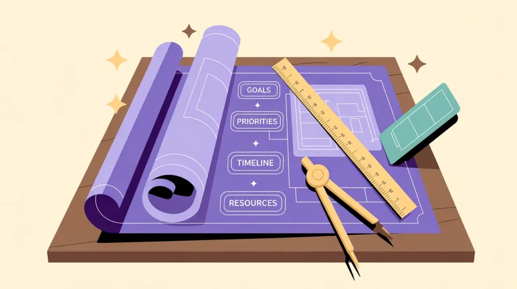 Drafting table with blueprints labeled goals priorities timeline resources