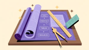 Drafting table with blueprints labeled goals priorities timeline resources
