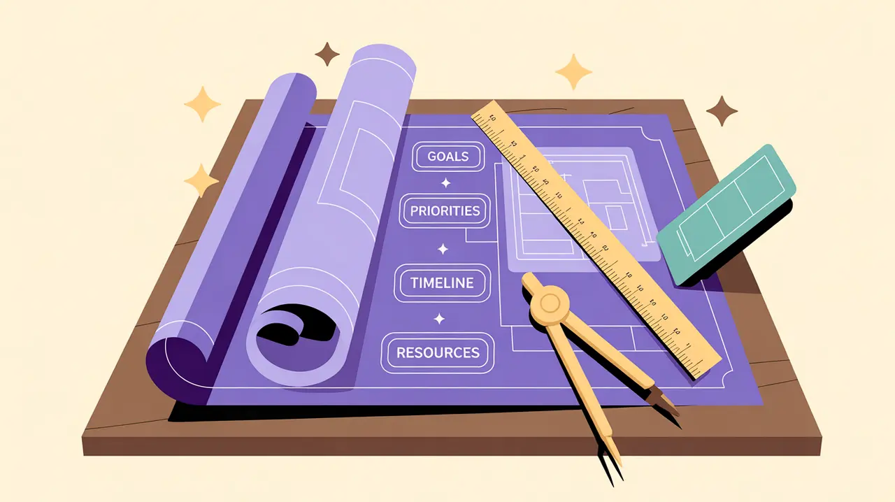 Drafting table with blueprints labeled goals priorities timeline resources