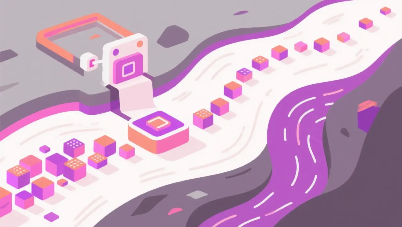 Continuous flow of data blocks into processing node with pink and neon purple accents