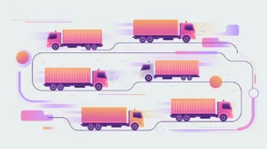 Trucks and cargo containers moving along a supply chain map in pink and white