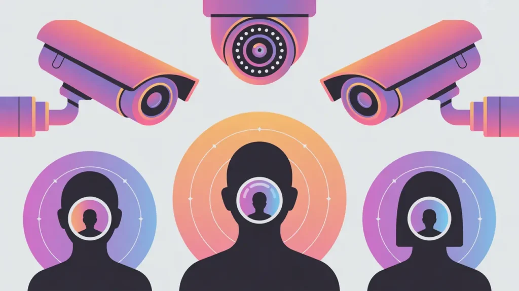 CCTV cameras watching user silhouettes symbolizing surveillance risks