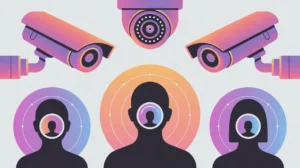 CCTV cameras watching user silhouettes symbolizing surveillance risks