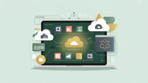 Glowing laptop screen with app icons and cloud storage symbols
