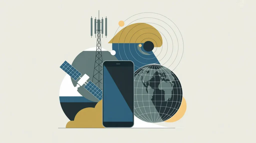 Collage of cell tower satellite smartphone with signal waves and globe icons