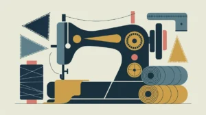 Collage of sewing machine, thread spools, and folded fabric rolls with abstract stitch patterns