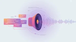 Digital text blocks transforming into audio waves from speaker icon