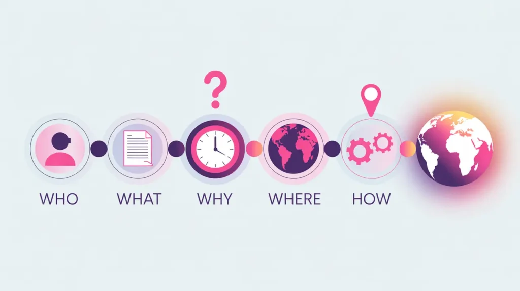 Sequence of six connected circles with question word icons leading to glowing globe impact